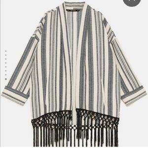 Zara Ecru Neutral Striped Boho 3/4 Sleeves Fringe Kimono festival Jacket sz sm